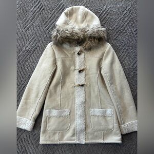 Kids Cream Hooded Coat with Faux Fur Trim